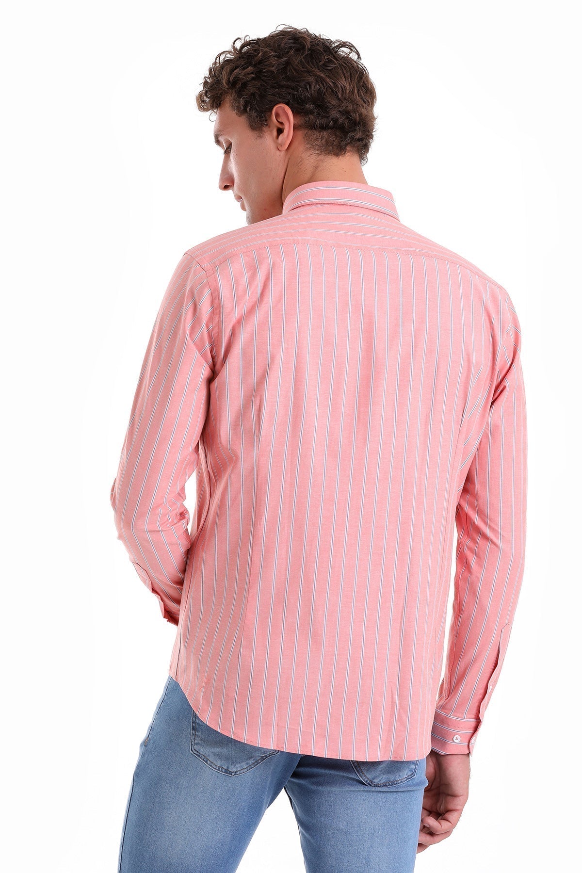 Slim Fit Striped Cotton Blend Orange Casual Shirt - SAYKI