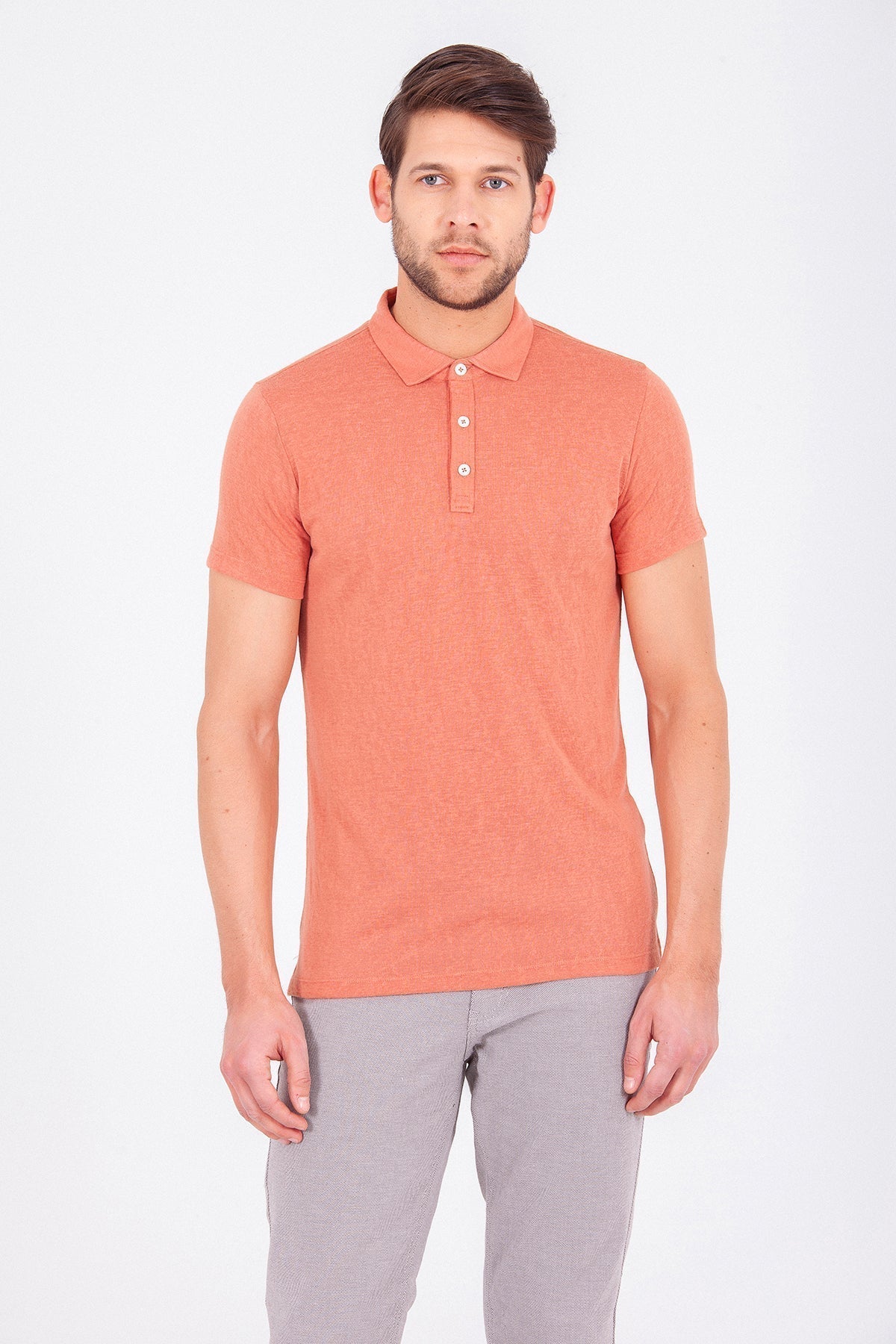 Slim Fit Textured Coral Polo T-Shirt - SAYKI