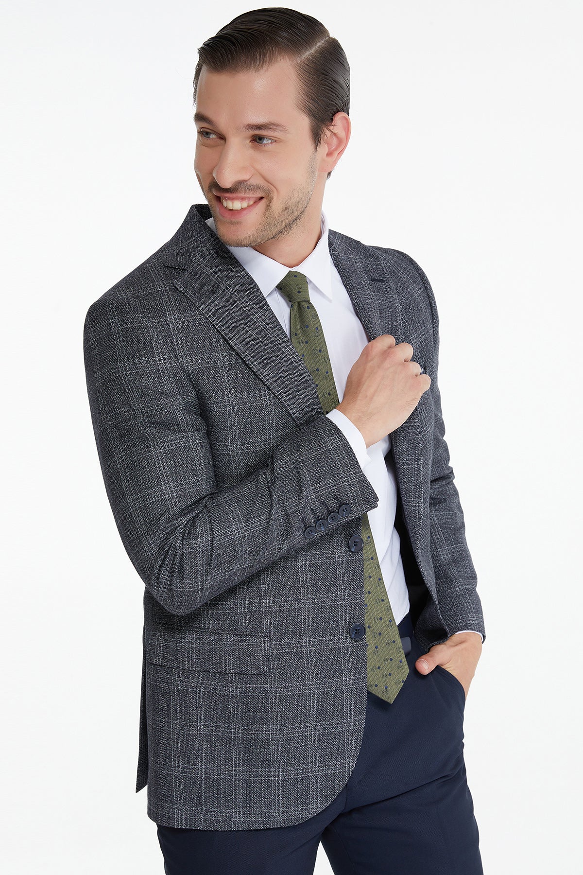 Slim Fit Tonal Plaid Notch Lapel Navy Casual Suit - SAYKI