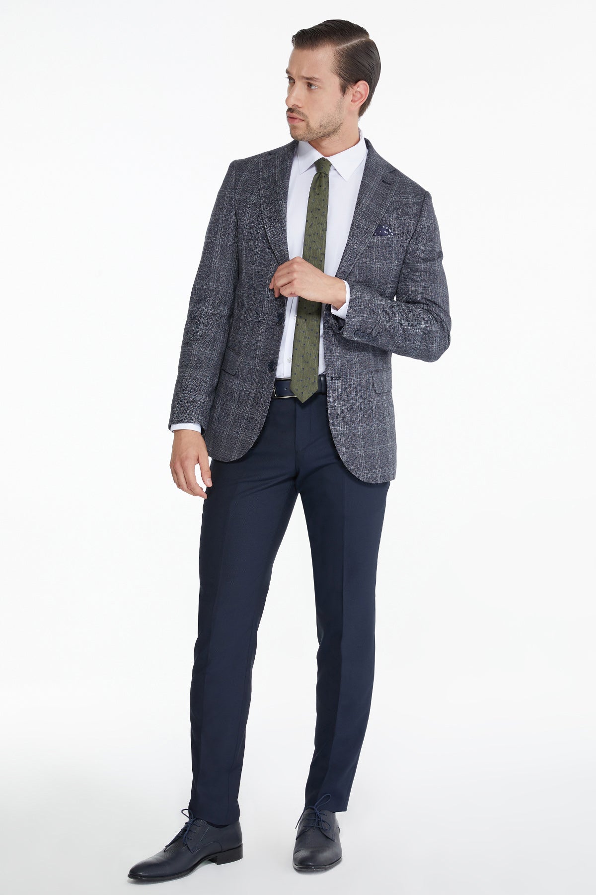 Slim Fit Tonal Plaid Notch Lapel Navy Casual Suit - SAYKI