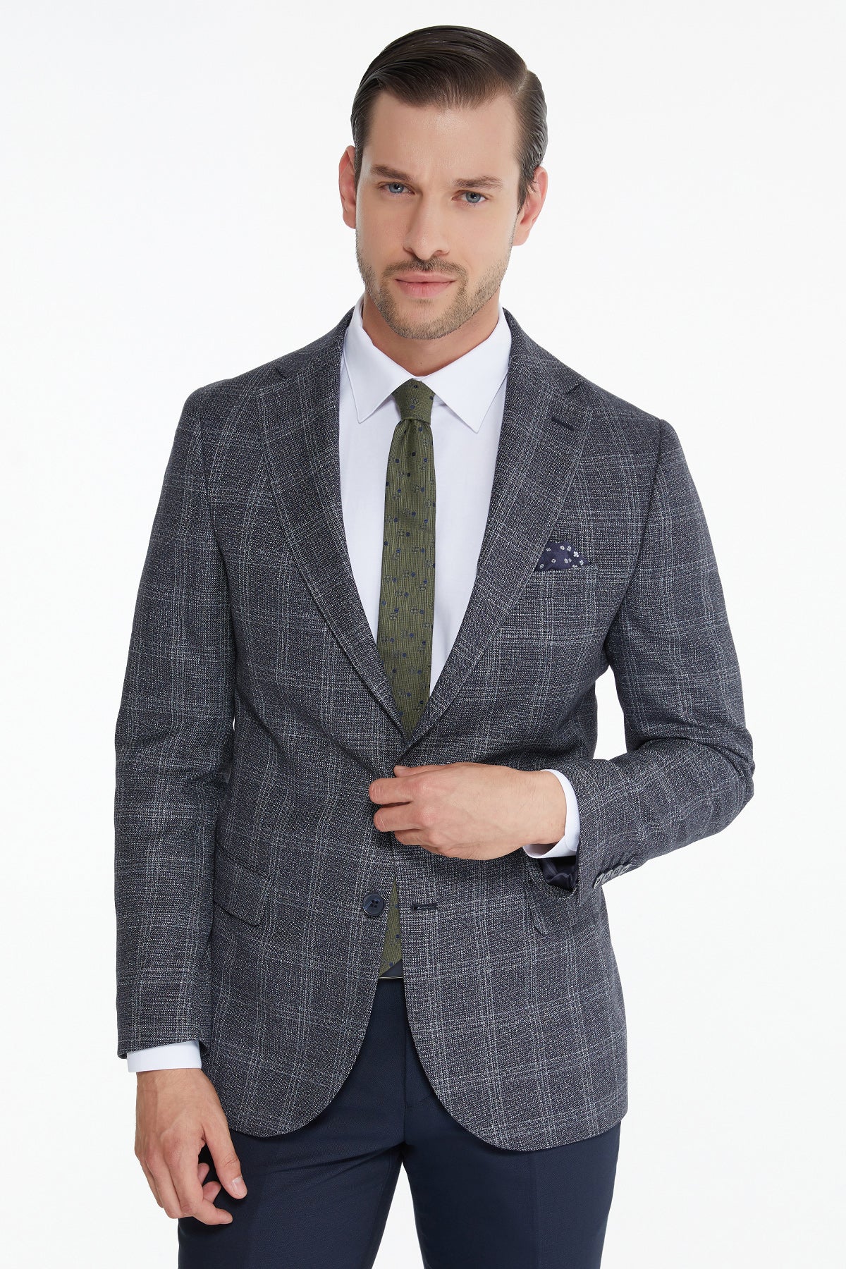 Slim Fit Tonal Plaid Notch Lapel Navy Casual Suit - SAYKI
