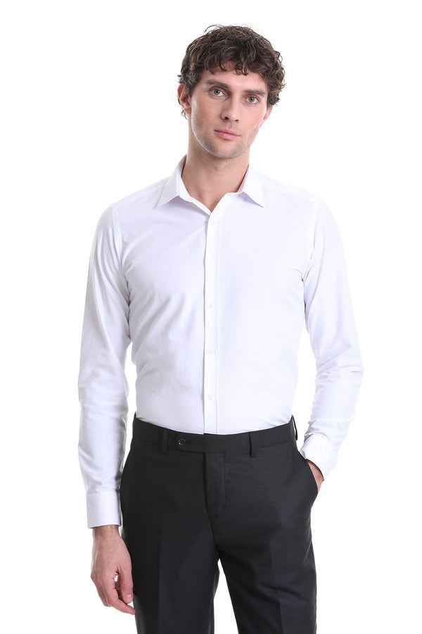 White long-sleeved dress shirt with a classic collar and button-down front.
