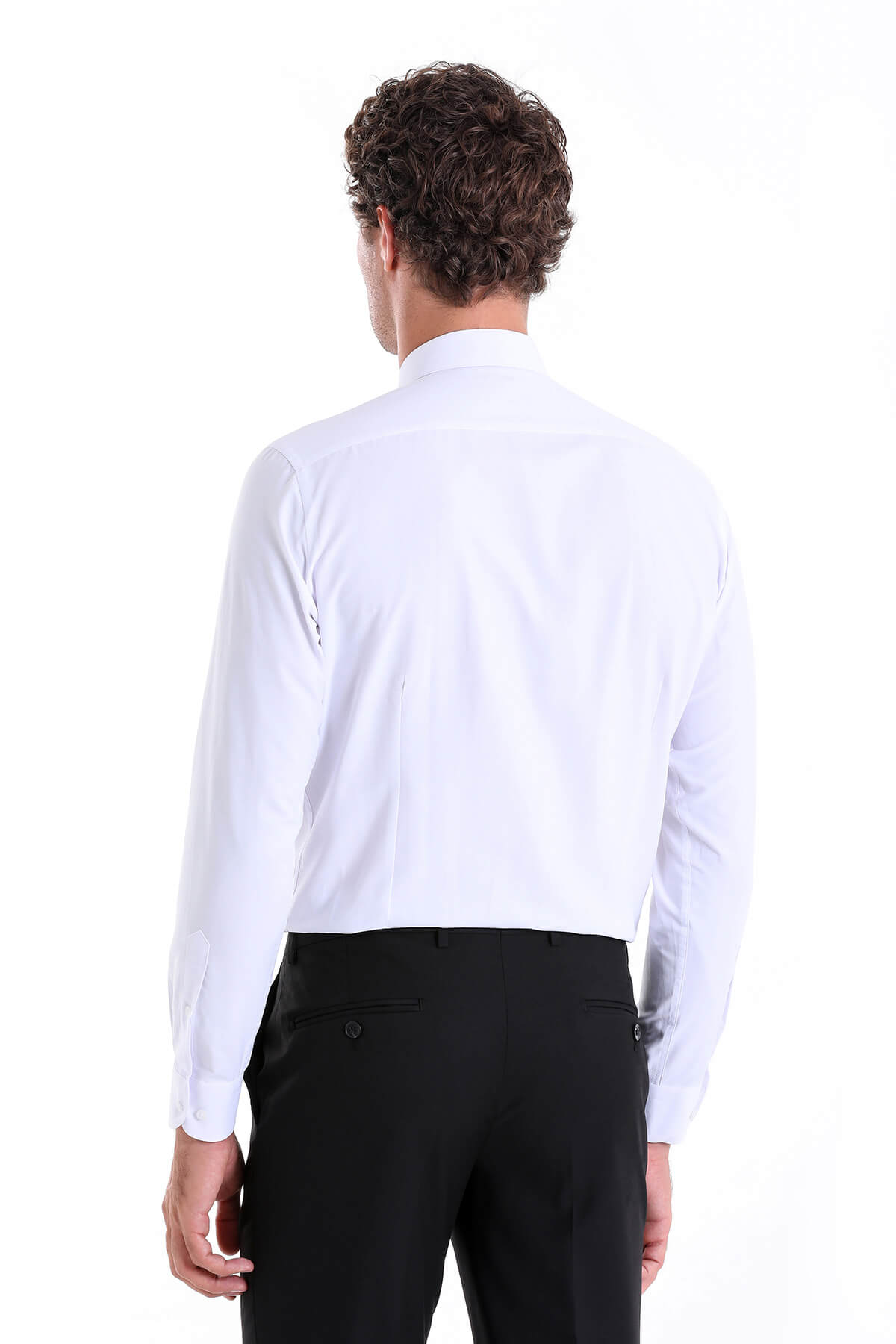 Slim fit white cotton blend dress shirt with long sleeves tailored fit and classic collar for formal wear