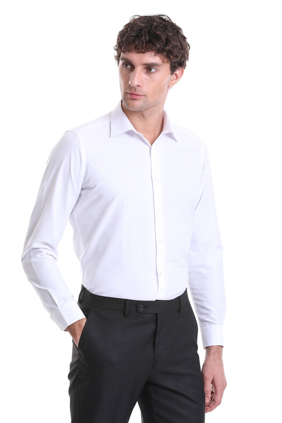 Slim Fit White Cotton Blend Dress Shirt - SAYKI
