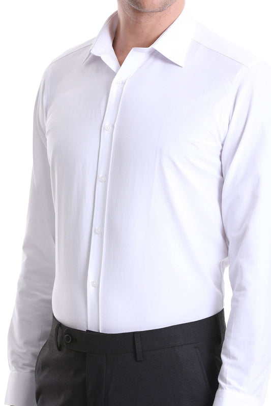 A crisp white men’s dress shirt with a classic collar and button-down front.