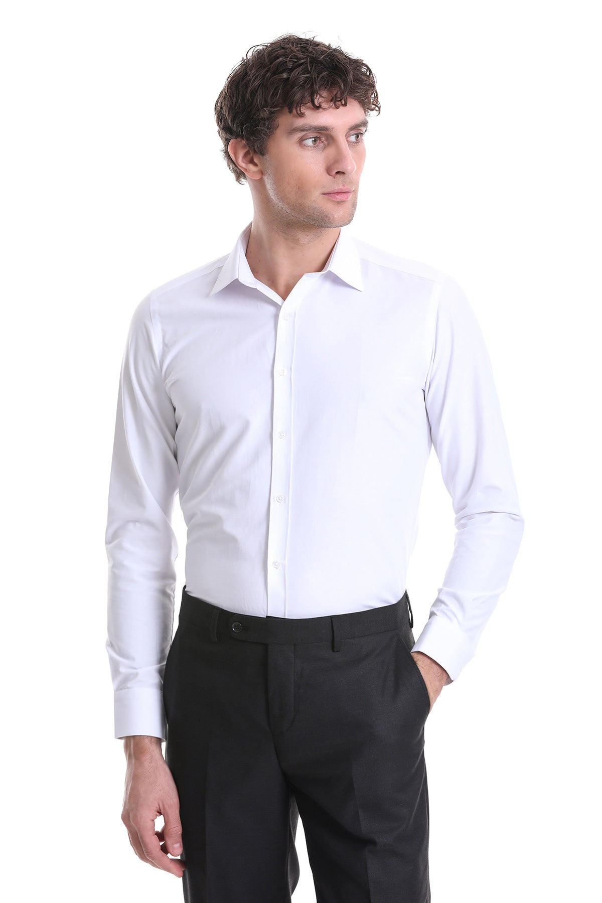 Slim Fit White Cotton Blend Dress Shirt - SAYKI