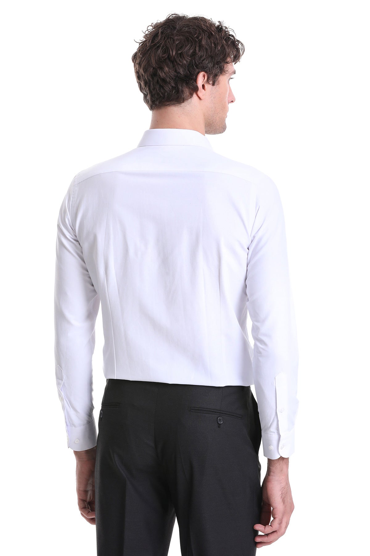 Slim Fit White Cotton Blend Dress Shirt - SAYKI