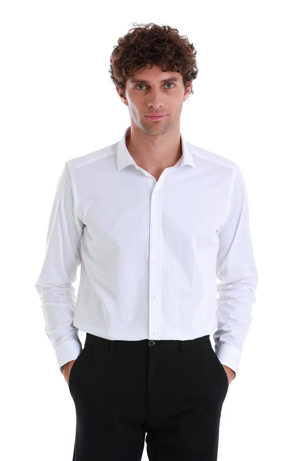 Slim Fit White Long Sleeve 100% Cotton Dress Shirt - SAYKI
