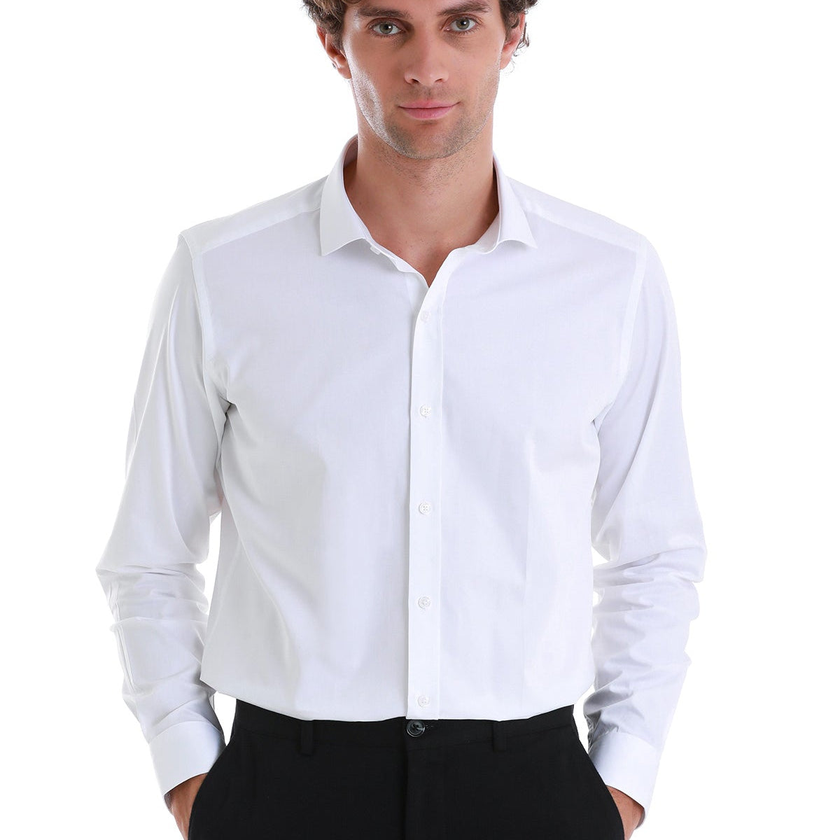 Men's Slim Fit White Cotton Dress Shirt - Long Sleeve - SAYKI S / 6 / White Men's Slim Fit White Cotton Dress Shirt - Long Sleeve - SAYKI S / 6 / White