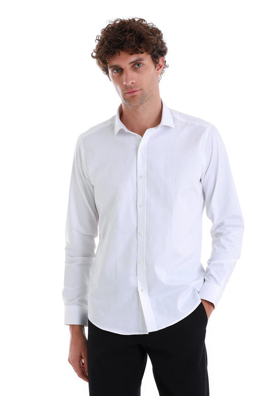 White long-sleeved men’s dress shirt with a classic collar and button-down front.