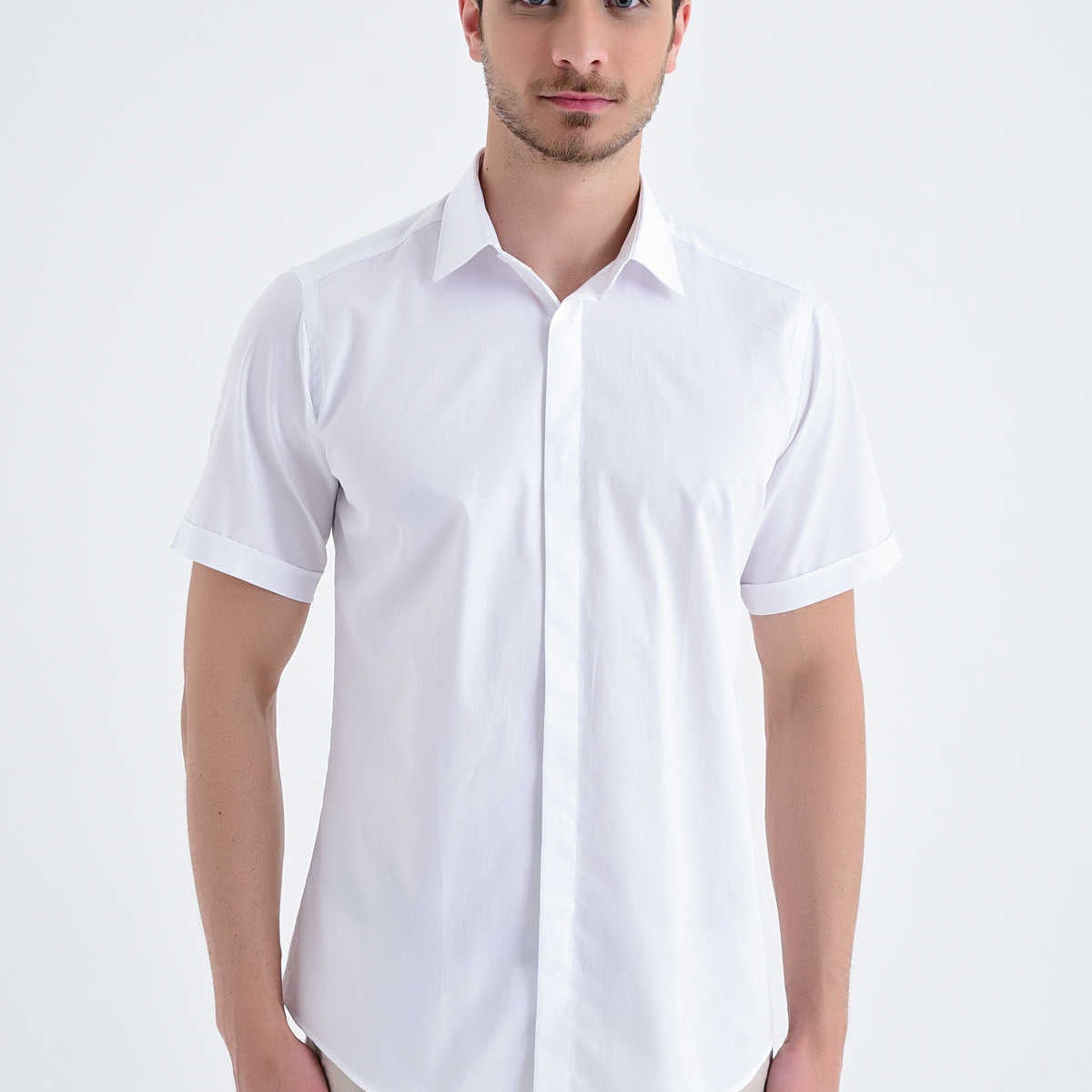 Slim Fit White Short Sleeve Cotton Dress Shirt XL / 6 / White