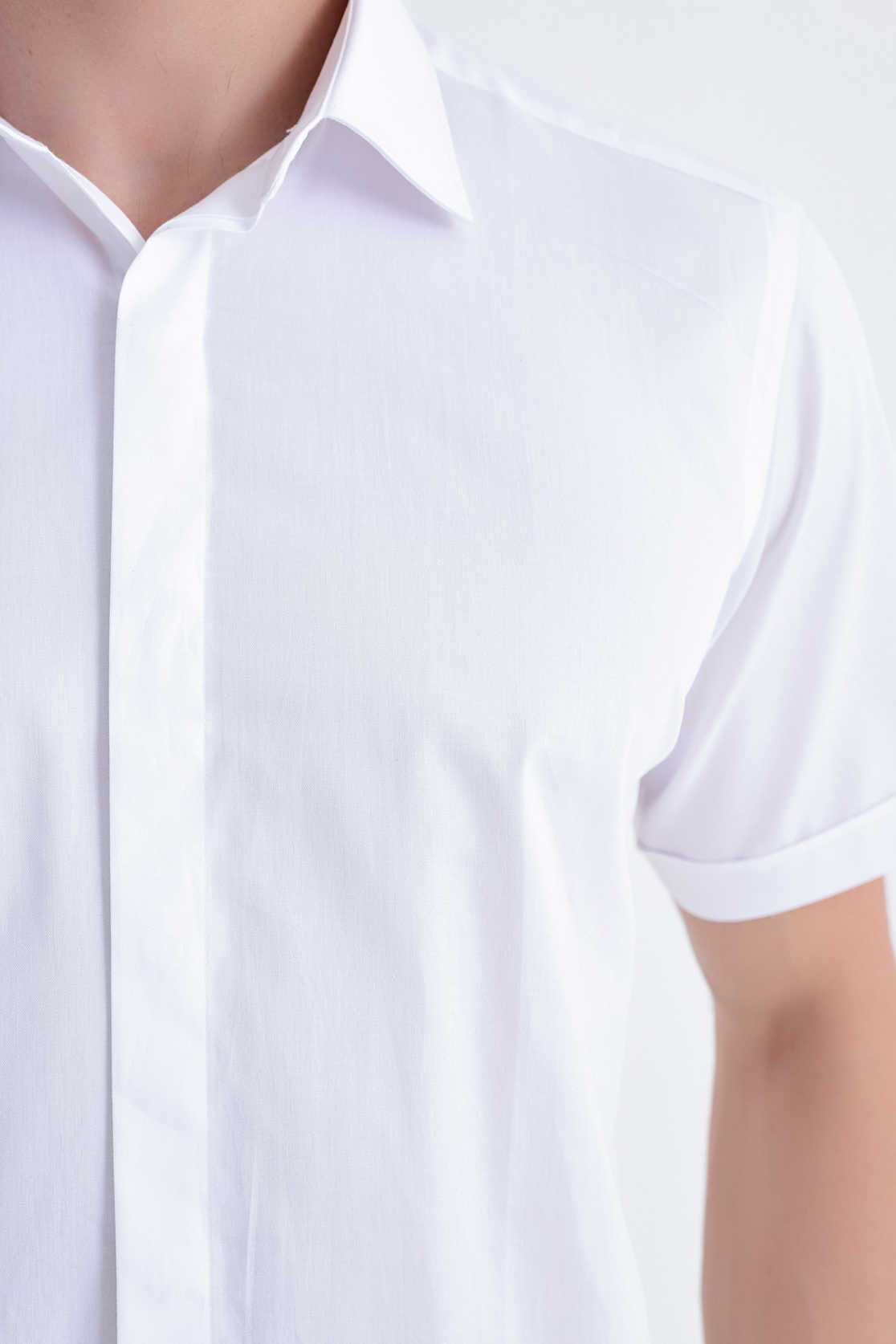 Slim Fit White Short Sleeve Cotton Dress Shirt - SAYKI