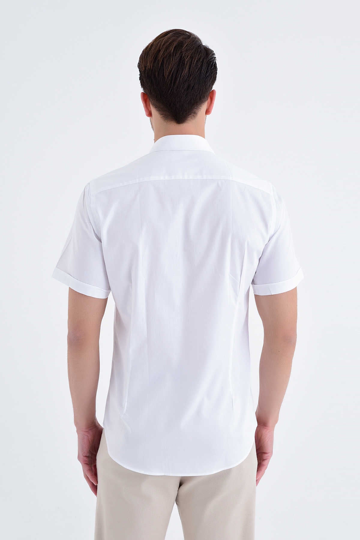 Slim Fit White Short Sleeve Cotton Dress Shirt - SAYKI