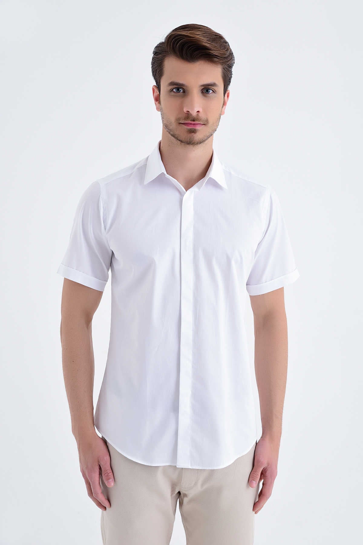Slim Fit White Short Sleeve Cotton Dress Shirt - SAYKI