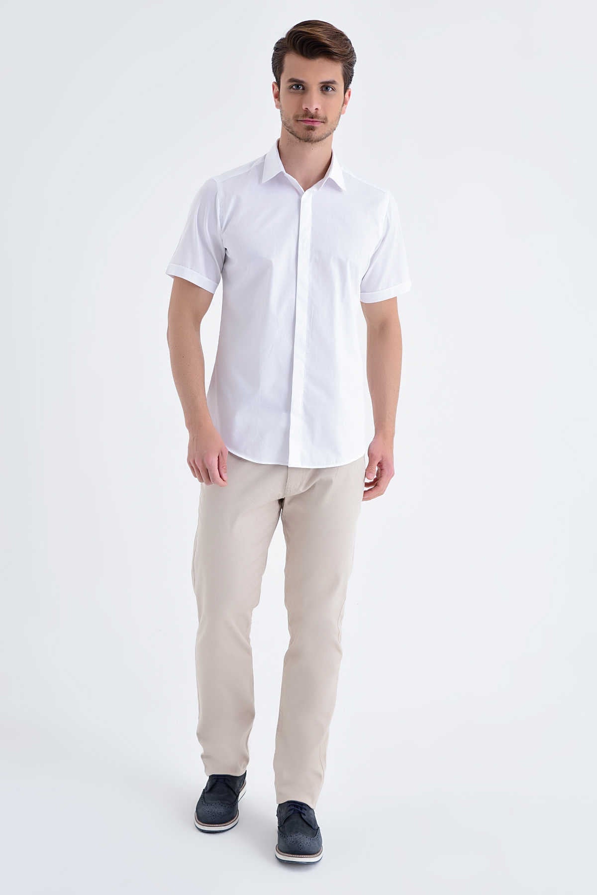 Slim Fit White Short Sleeve Cotton Dress Shirt - SAYKI