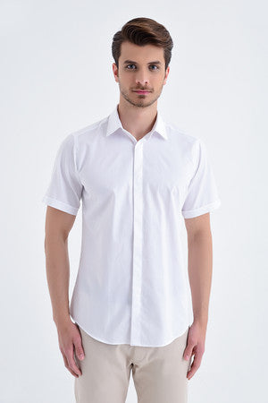 Slim Fit White Short Sleeve Cotton Dress Shirt - SAYKI