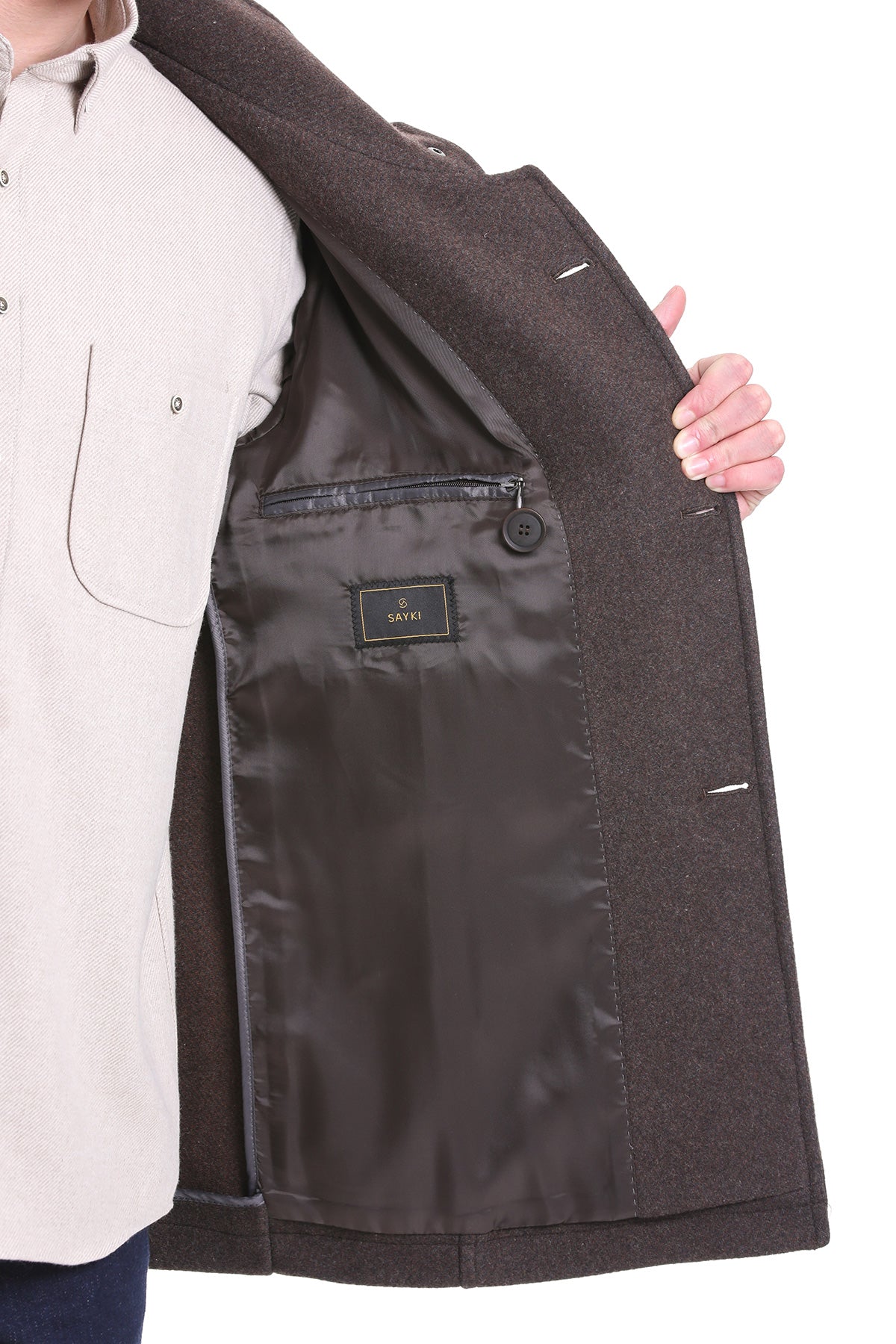 Slim Fit Wool Blend Double-Breasted Brown Peacoat - SAYKI