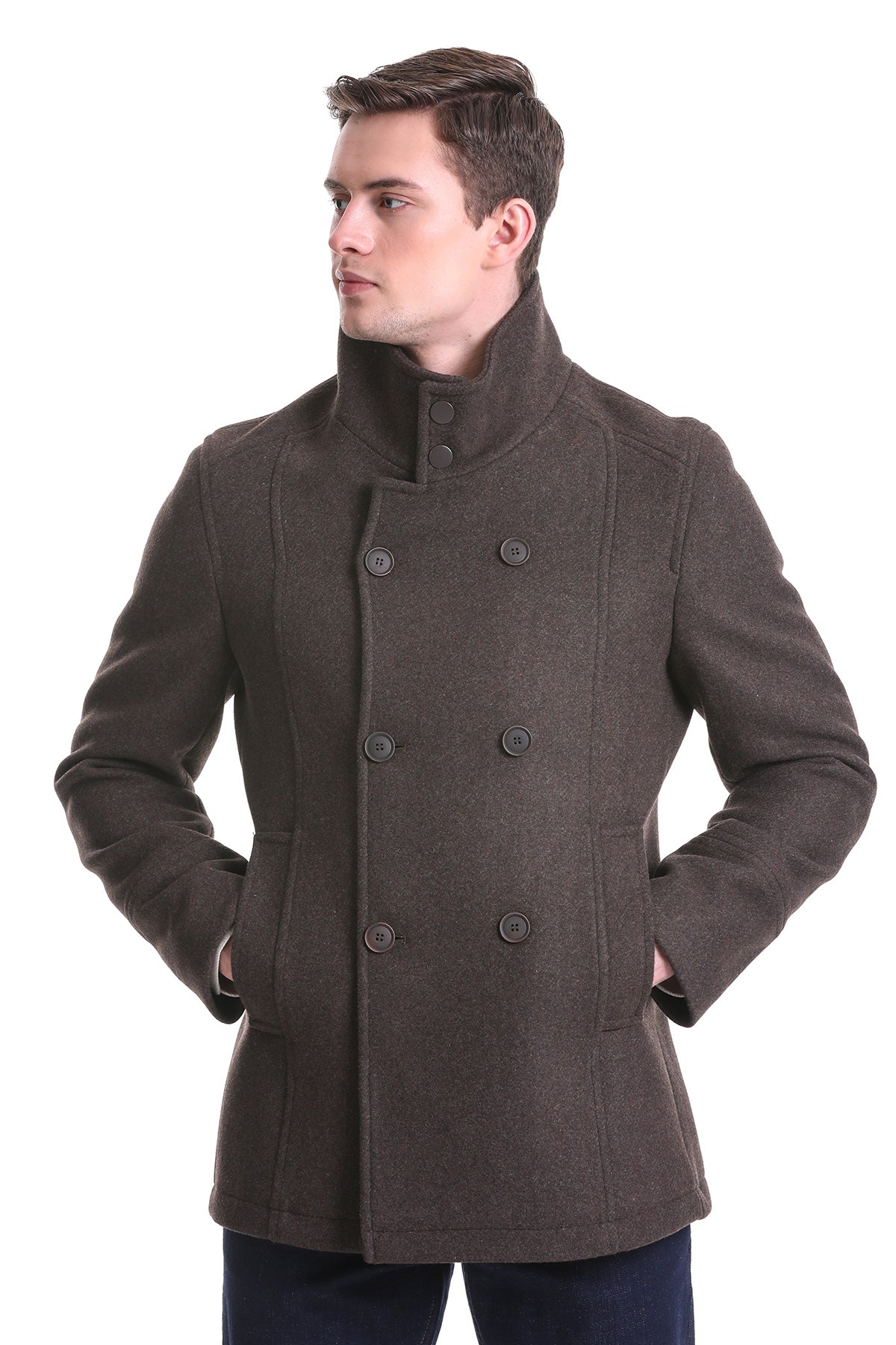 Slim Fit Wool Blend Double-Breasted Brown Peacoat - SAYKI