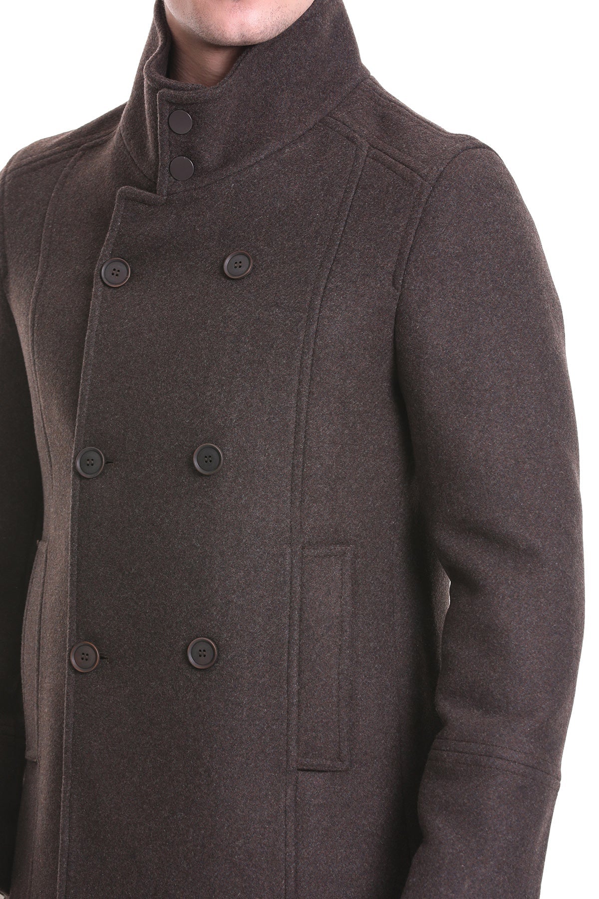 Slim Fit Wool Blend Double-Breasted Brown Peacoat - SAYKI