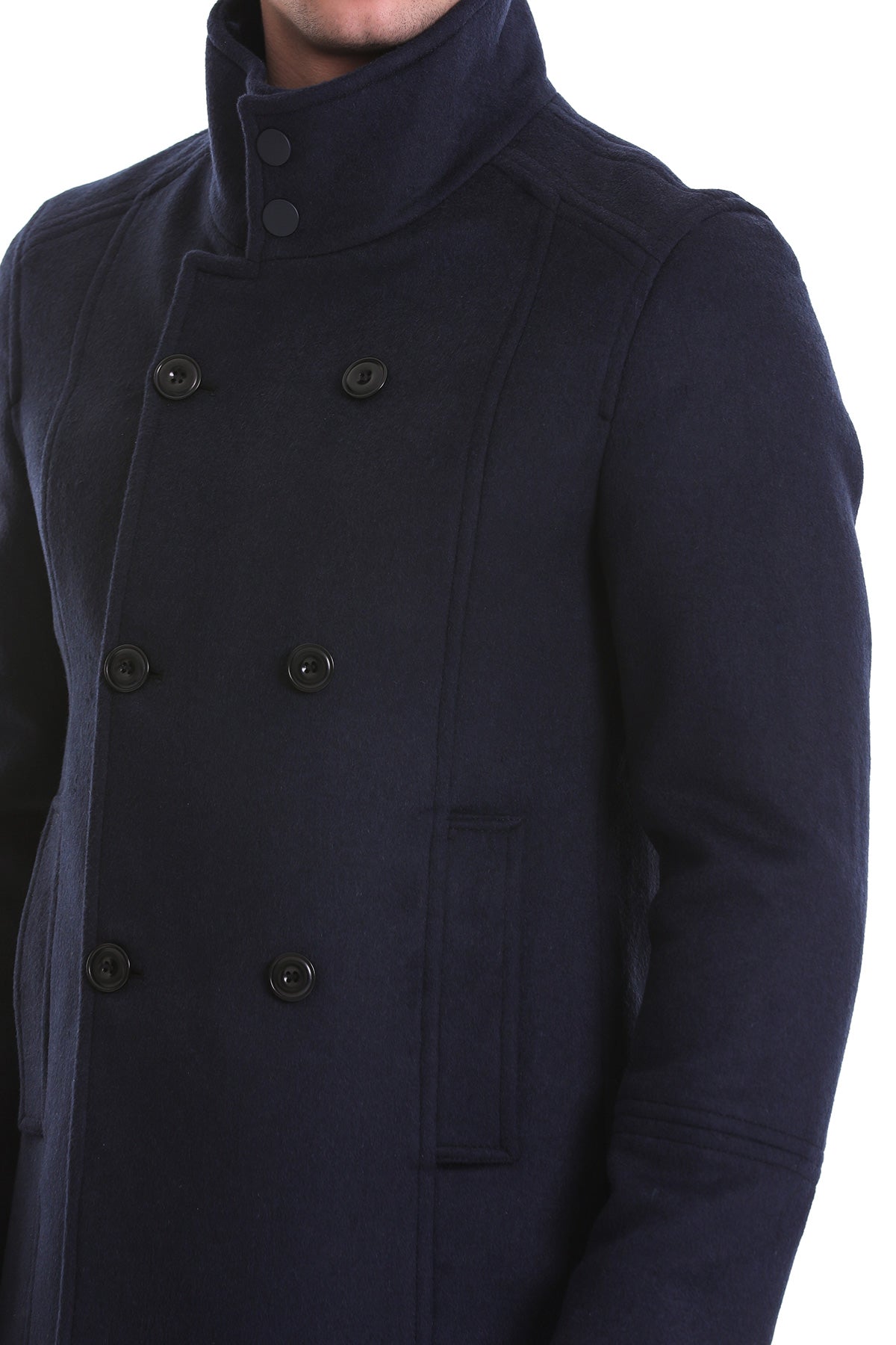 Slim Fit Wool Blend Double-Breasted Navy Peacoat - SAYKI