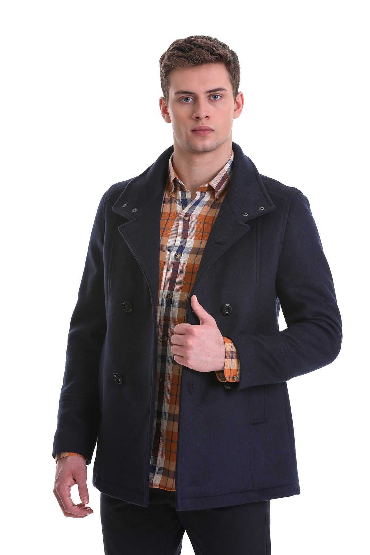 Slim Fit Wool Blend Double-Breasted Navy Peacoat - SAYKI