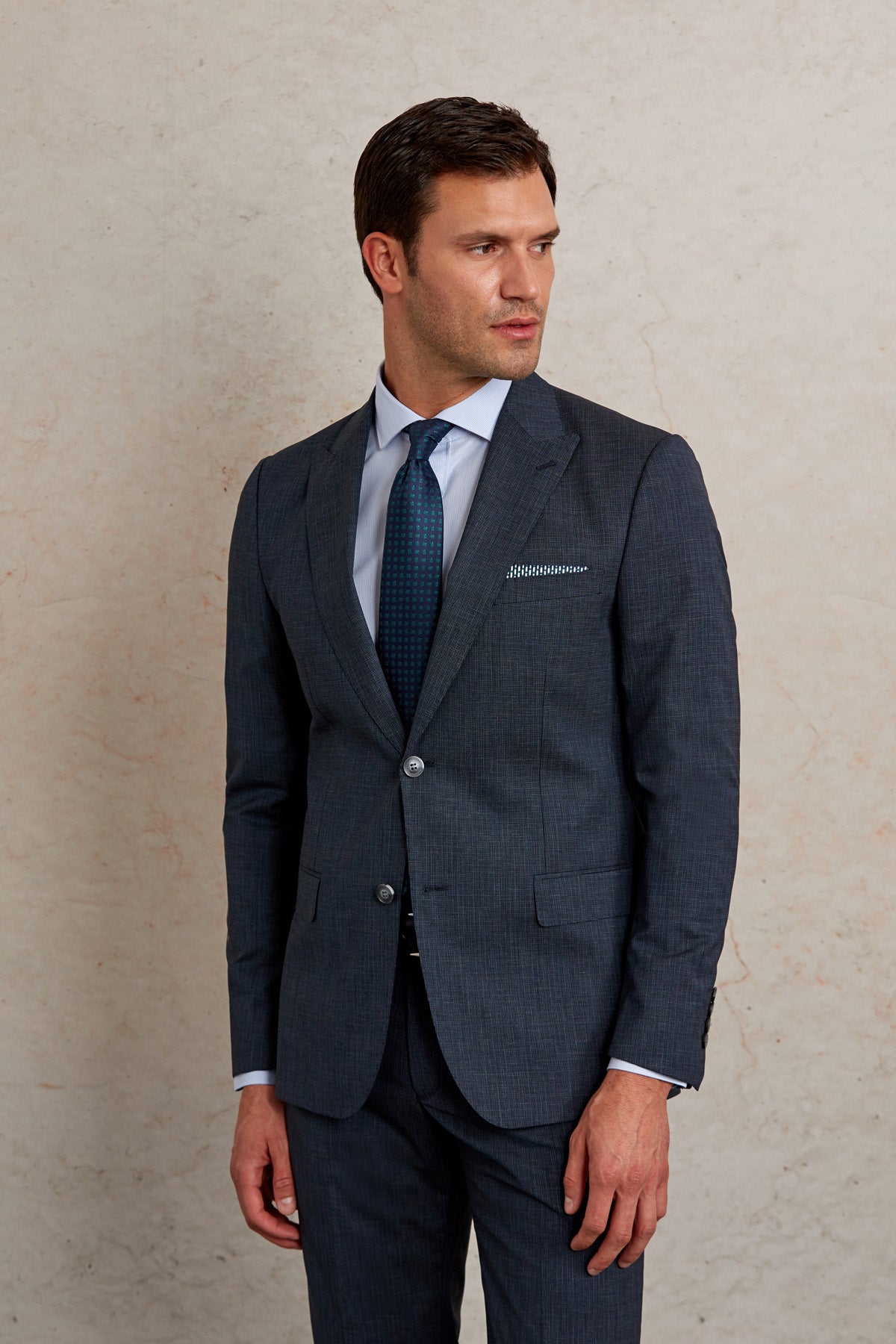 Slim Fit Wool Blend Navy Peak Lapel Classic Suit - SAYKI