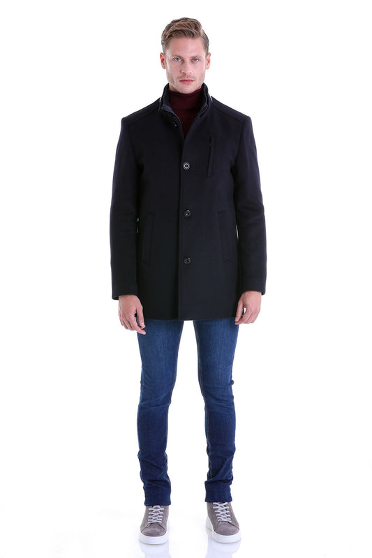 Black woolen overcoat with a notched collar and three-button front.