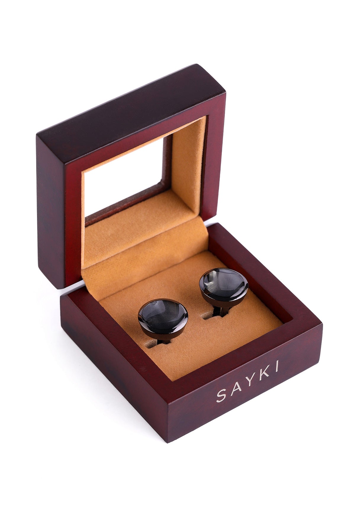 Solid Black Natural Stone Round Cufflinks - SAYKI