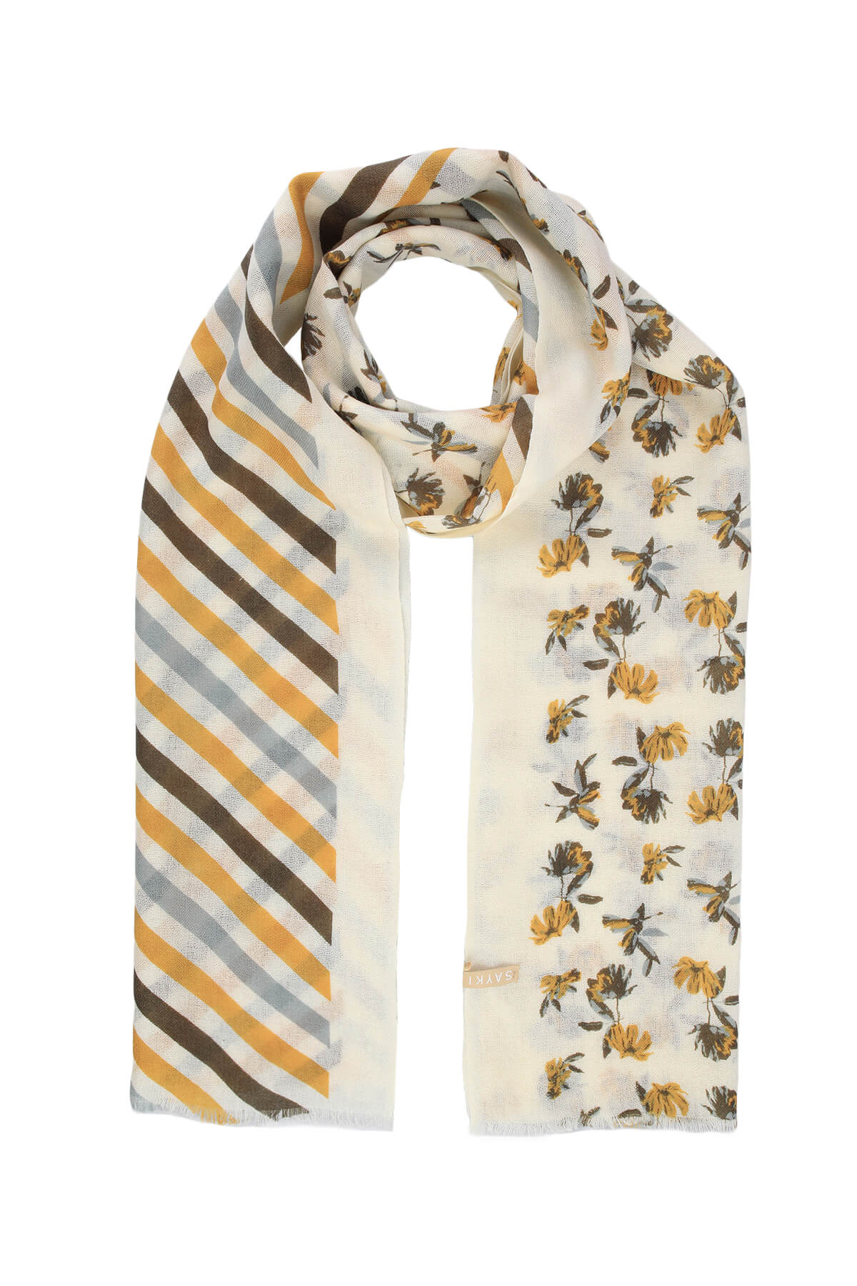 A lightweight, cream-colored scarf featuring a delicate floral pattern in mustard yellow and dark green on one side, contrasted with bold diagonal stripes of mustard yellow, gray, and brown on the other.
