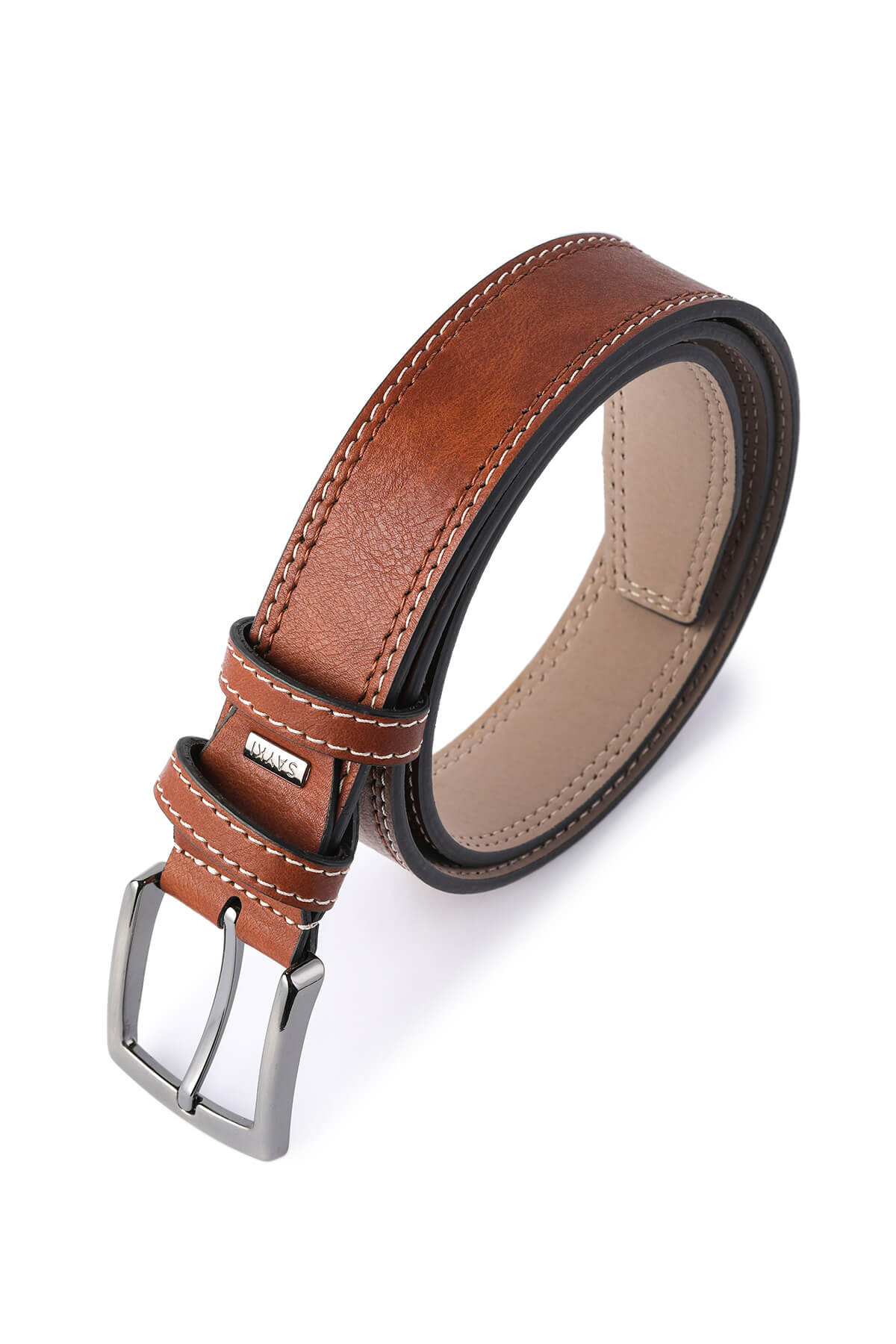 Brown leather belt with contrasting dark stitching and a silver-toned buckle.