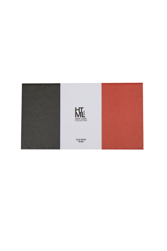 The sleek rectangular box features a bold black, white and red tri-color design with the ’hermès new york collection’ branding in elegant black lettering.