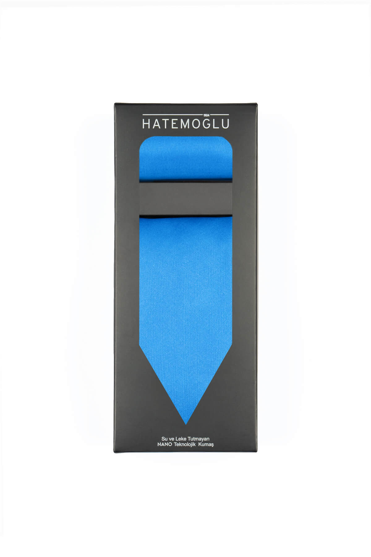 A vibrant blue tie, neatly packaged in a sleek black box with the brand name ’hatemoglu’ printed at the top.