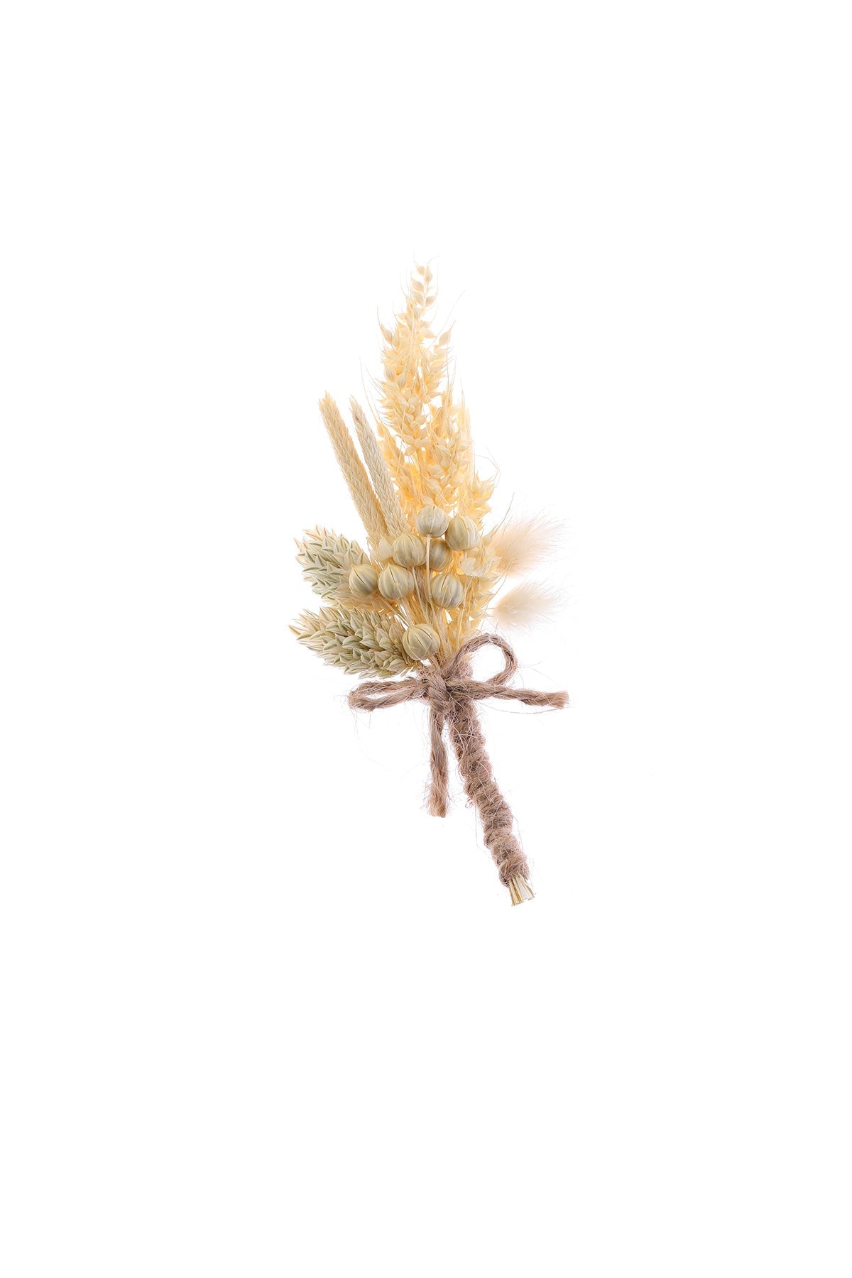 A delicate, dried botanical arrangement featuring golden wheat stalks and soft pampas grass tied together with rustic twine.