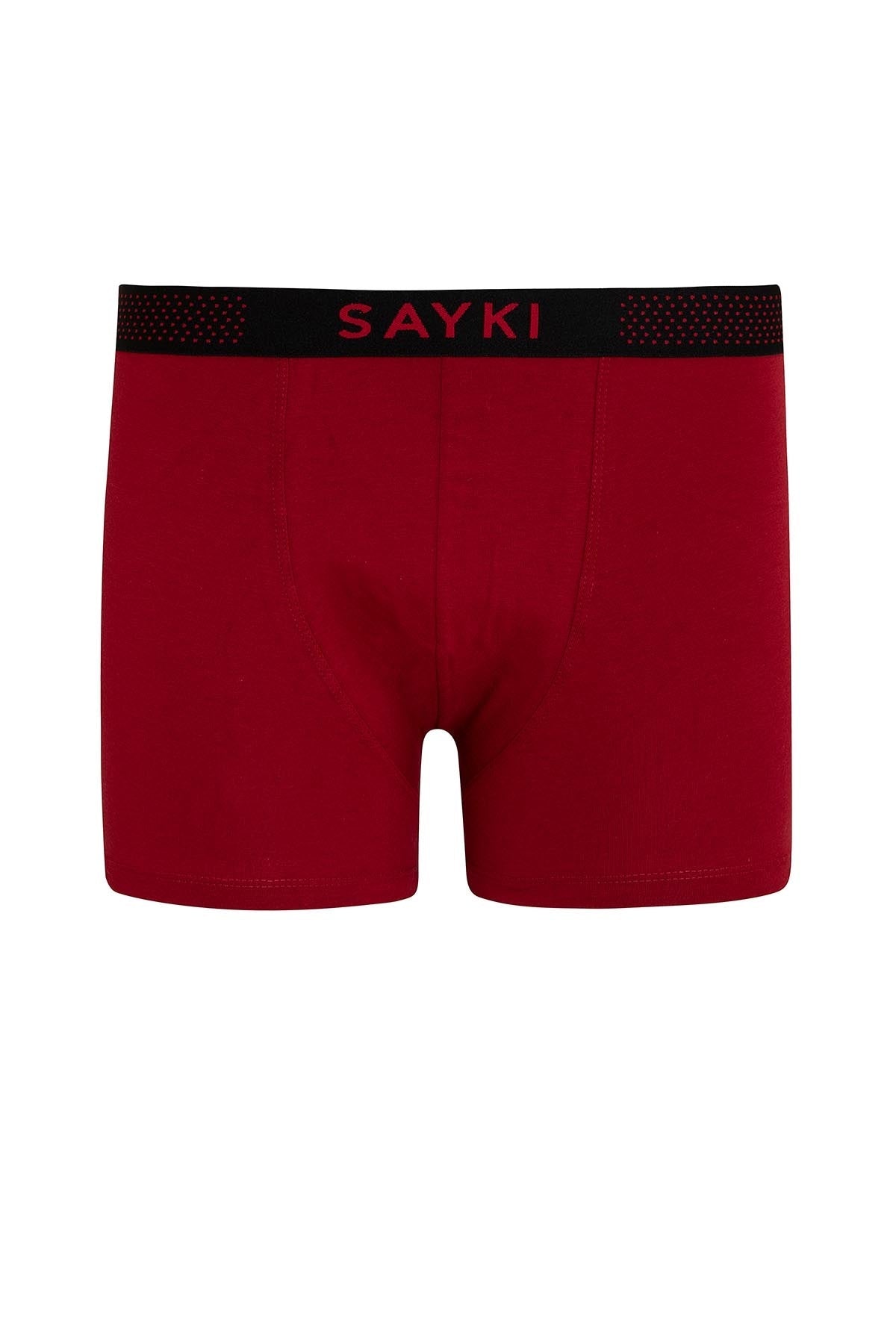 Red sayki boxer briefs with a black waistband featuring red lettering and dotted texture.