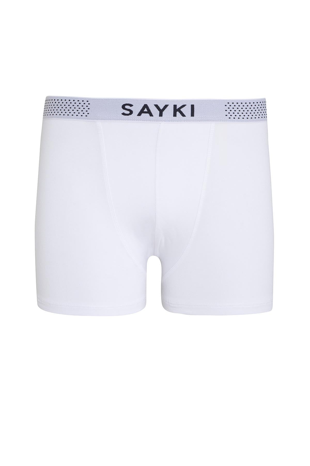 White sayki boxer briefs with a gray waistband featuring black perforated detailing and the brand name in bold lettering.