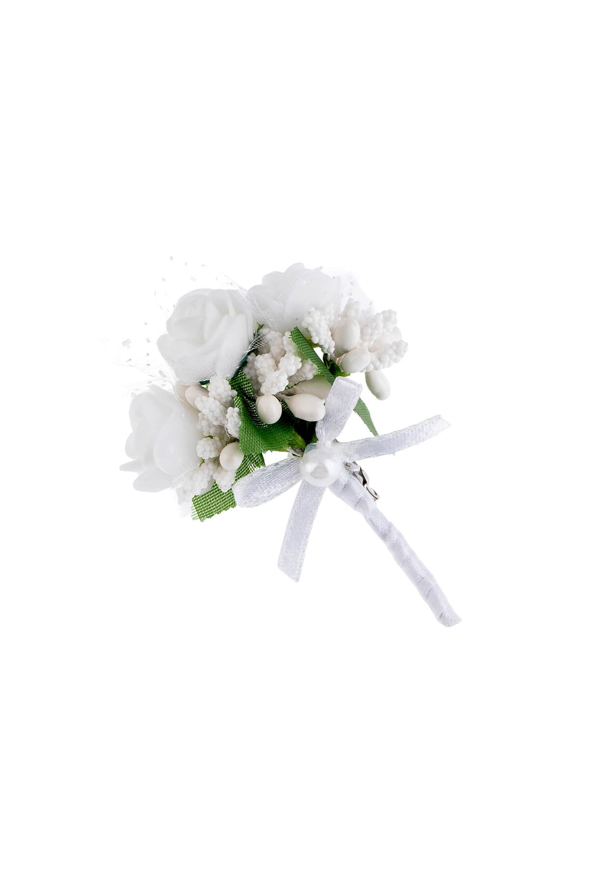 White rose lapel flower boutonniere with white artificial rose green fabric accents and satin ribbon bow
