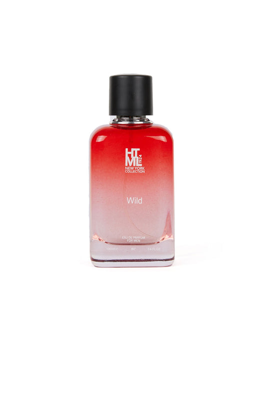 A sleek, rectangular glass perfume bottle with a gradient red-to-pink liquid and a black cap.