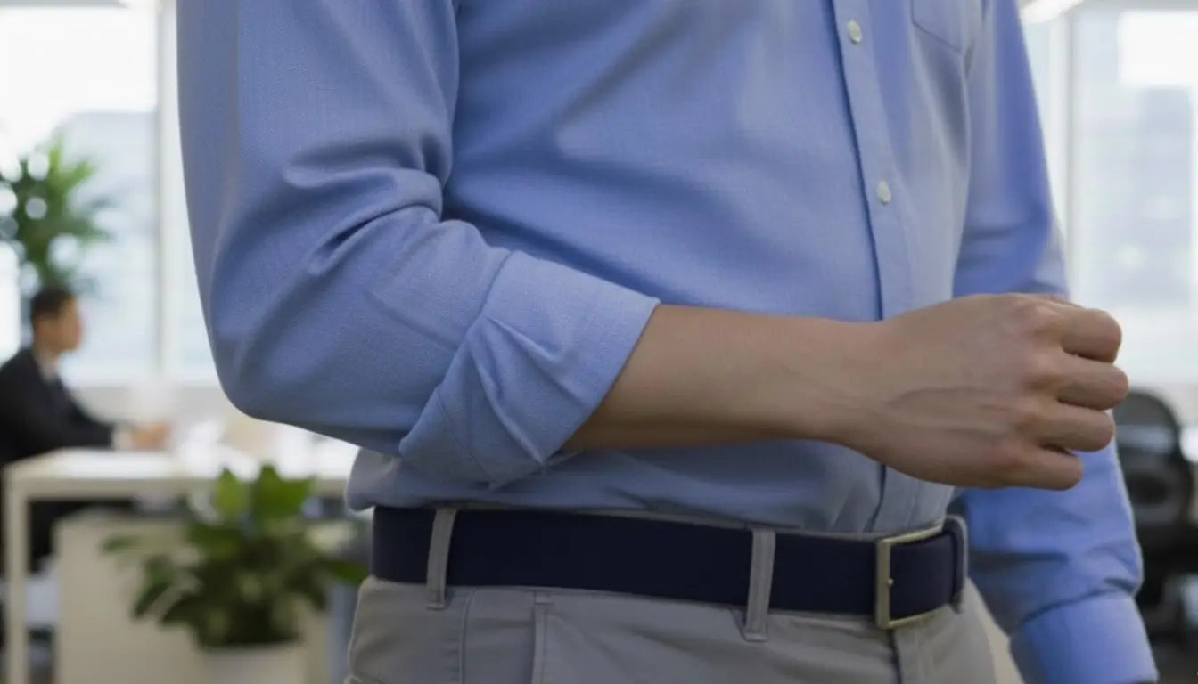 A light blue, long-sleeved button-up shirt with neatly rolled cuffs.