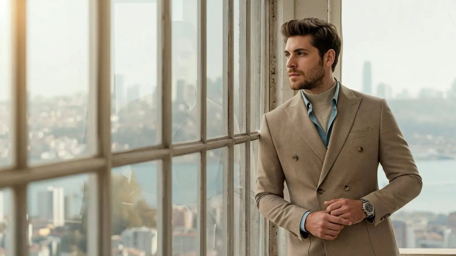A man wearing a beige double-breasted suit jacket over a light blue collared shirt.