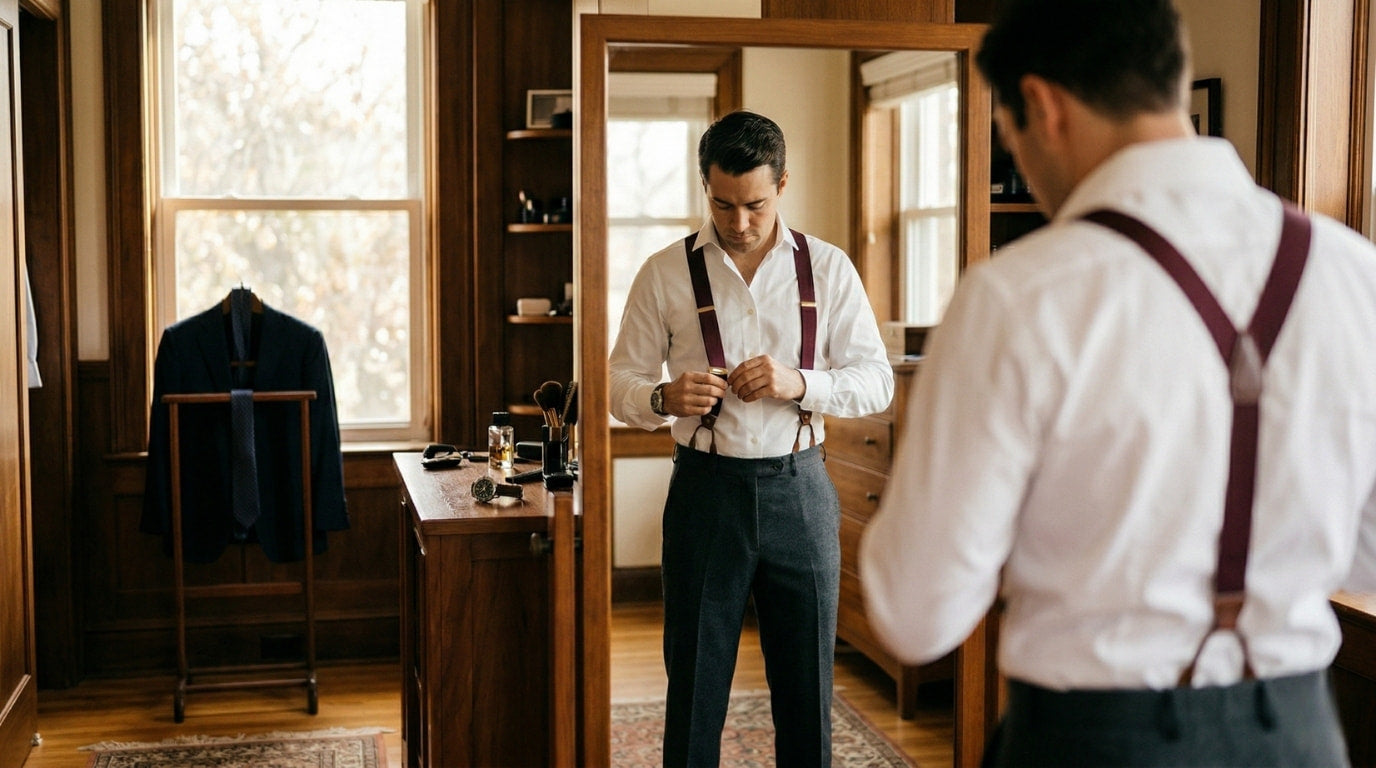 Maroon suspenders with classic y-back design and leather tabs worn over a white dress shirt for professional settings