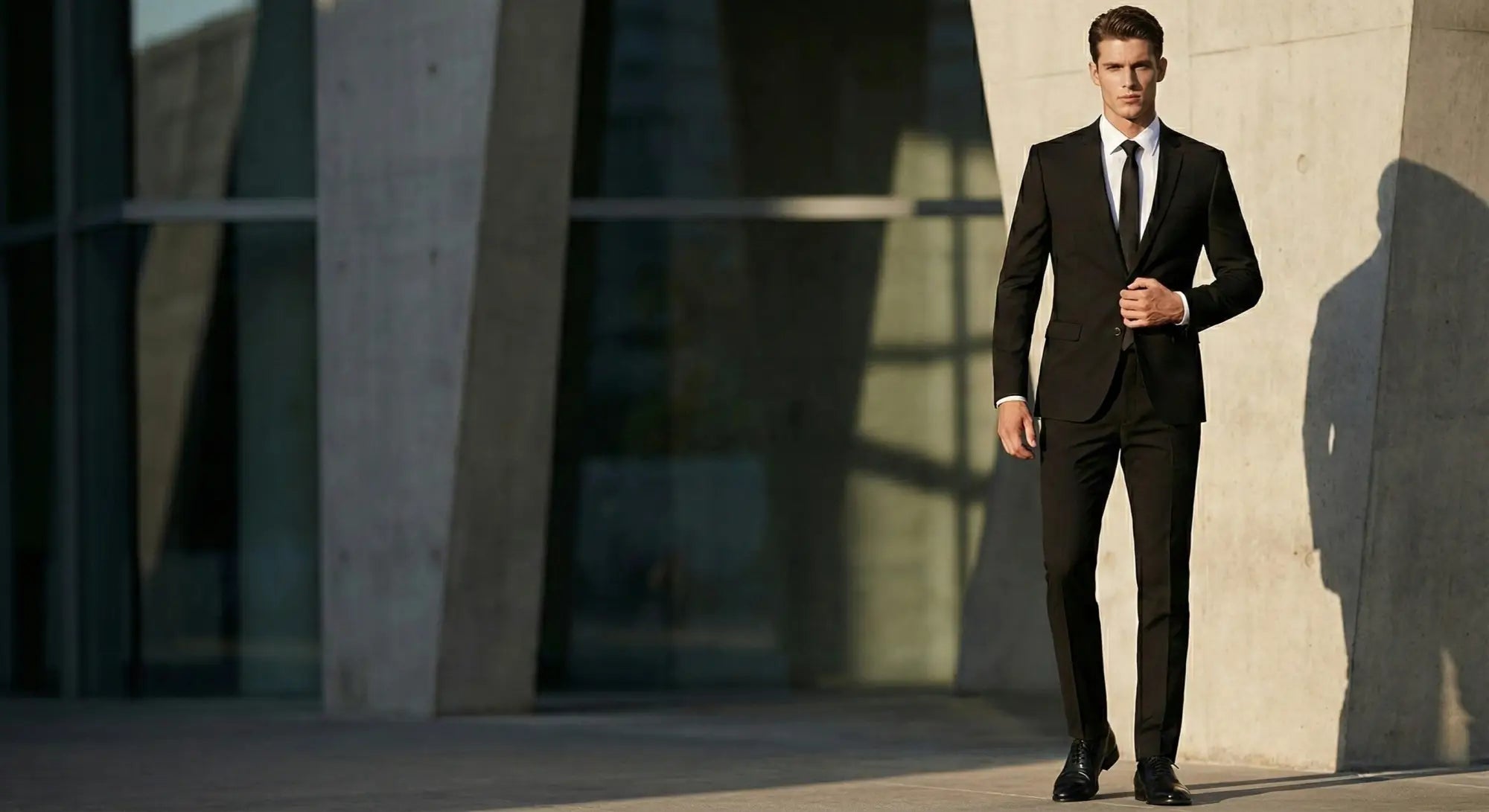 Black tailored suit with a crisp white shirt and black tie.