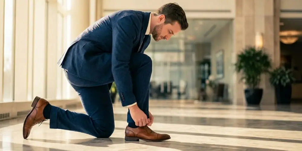 A man in a navy blue suit is kneeling on a polished floor, tying the laces of his brown leather dress shoes.