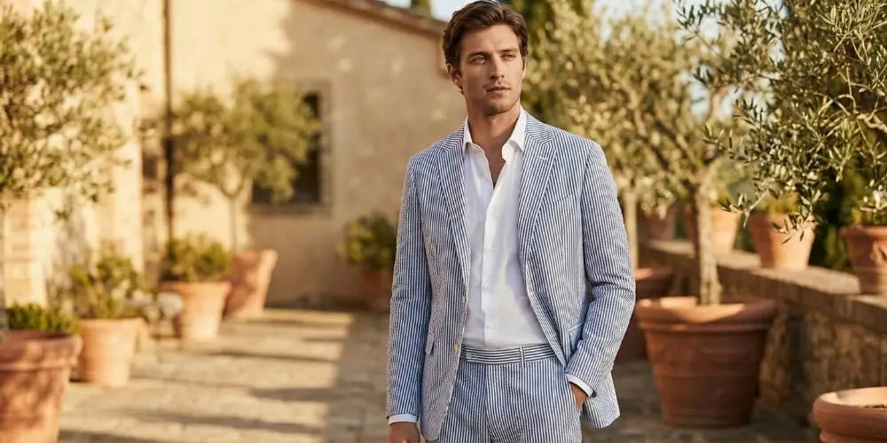 A man wearing a light blue and white vertically striped suit jacket with matching trousers, paired with a crisp white dress shirt.
