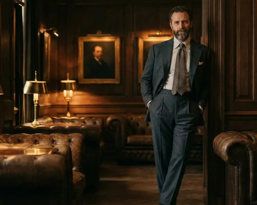 A man in a dark navy wool suit with a patterned tie and white shirt stands confidently against rich wood paneling.