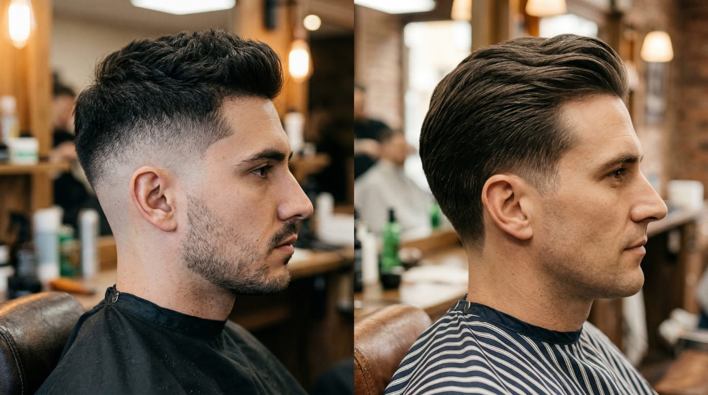Two men showcasing fade haircuts with a low fade textured dark brown and sleek side-parted medium brown taper styles