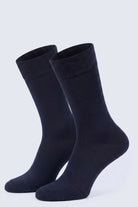 A pair of classic black bamboo socks with ribbed cuffs and smooth fabric from the 2-pack navy socket bamboo socks collection