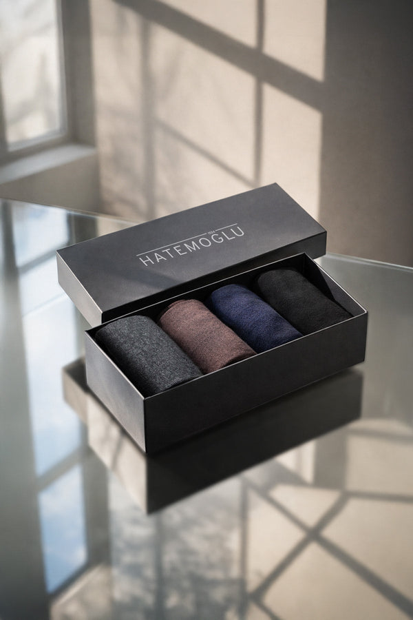 Black hatemoglu 4-pack socket bamboo dress socks set in dark gray burgundy navy blue and black in branded gift box