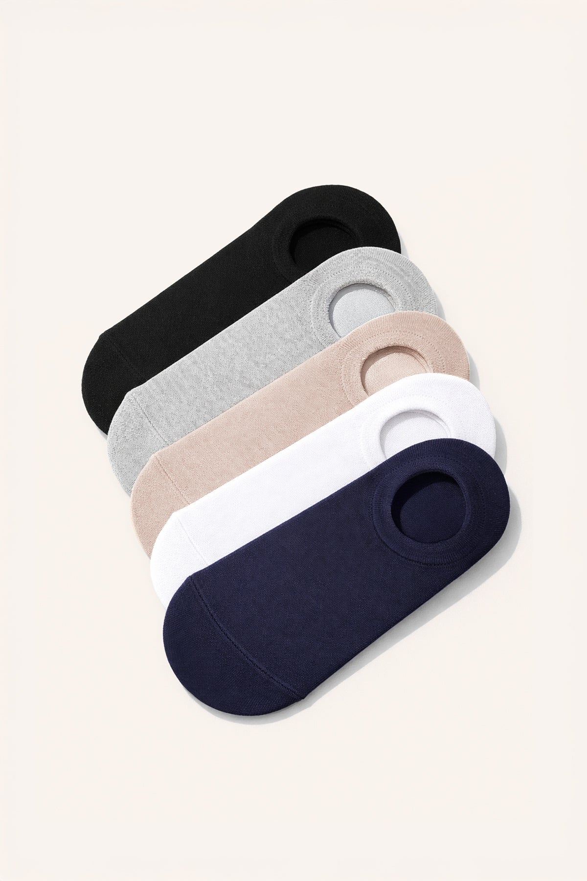 Set of five no show bamboo socks in black heather gray beige white and navy blue for low cut shoe wear