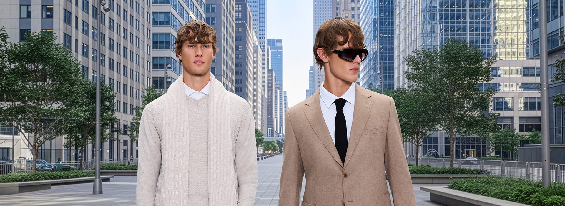 Two men wearing neutral-toned winter outfits walking through a modern city, Holiday Gift Guide hero banner