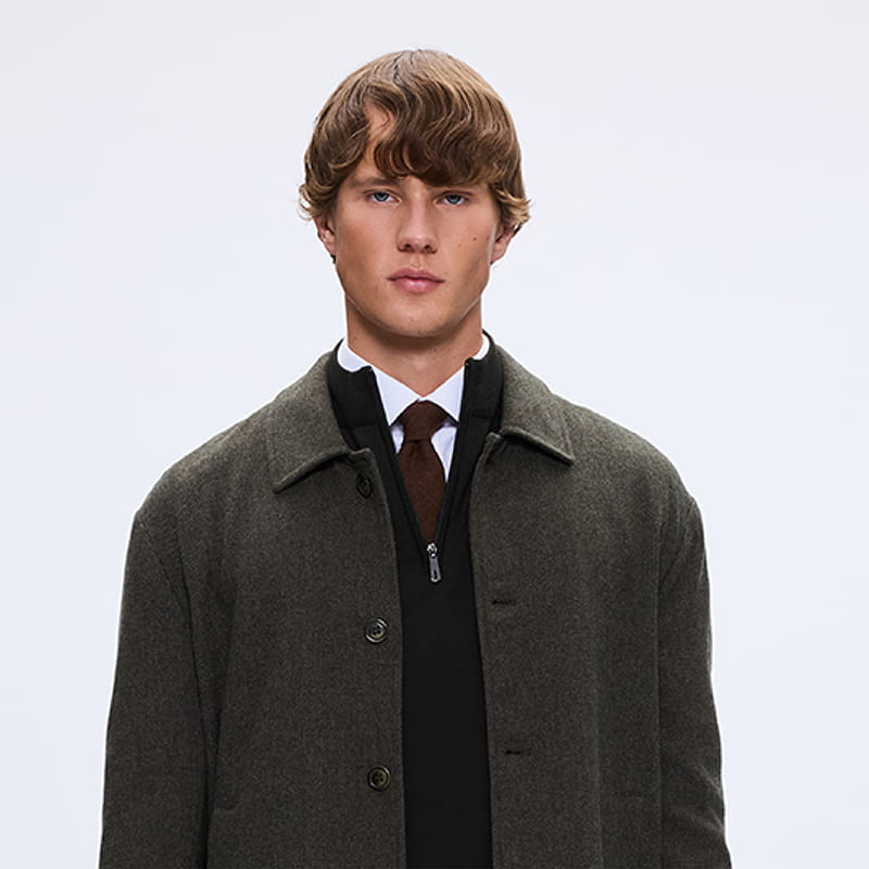 Man in olive coat with layered formal winter styling, curated menswear gift look